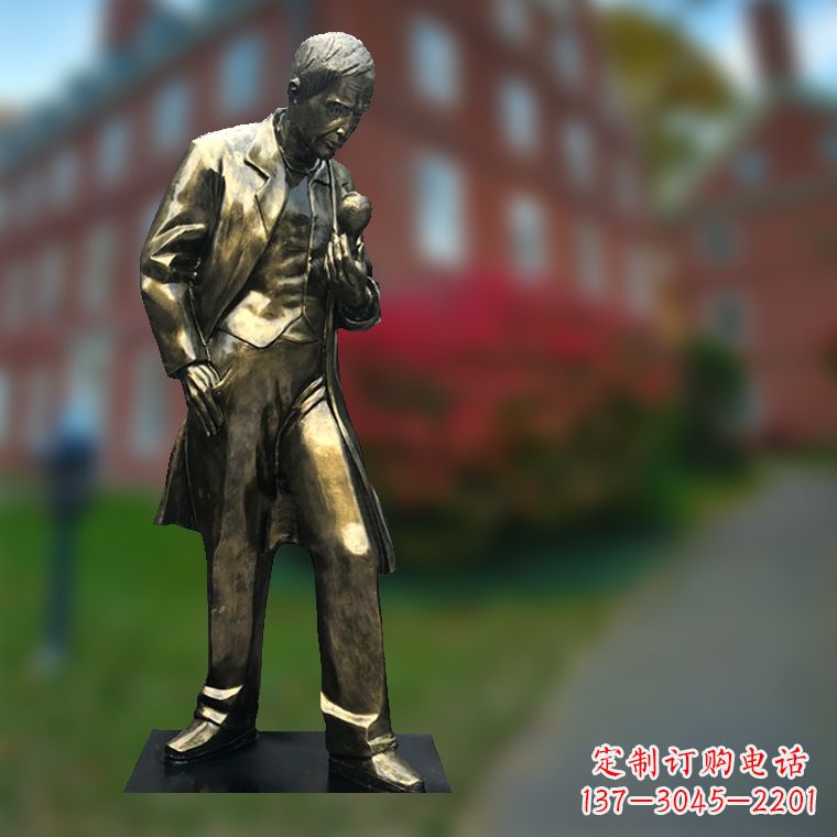 云南爱迪生与灯泡-玻璃钢仿铜校园名人全身雕塑