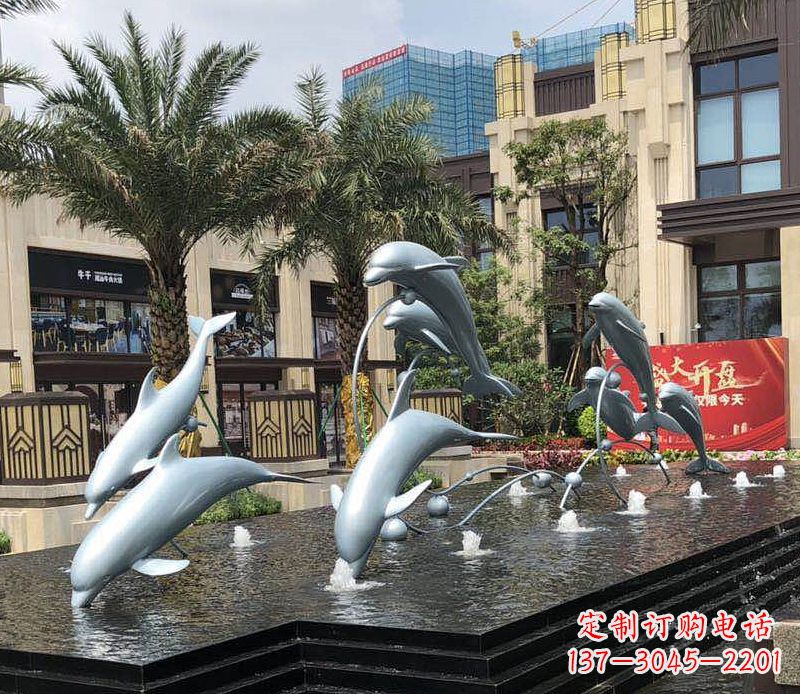 云南不锈钢海豚跳跃喷泉雕塑美丽的艺术装置