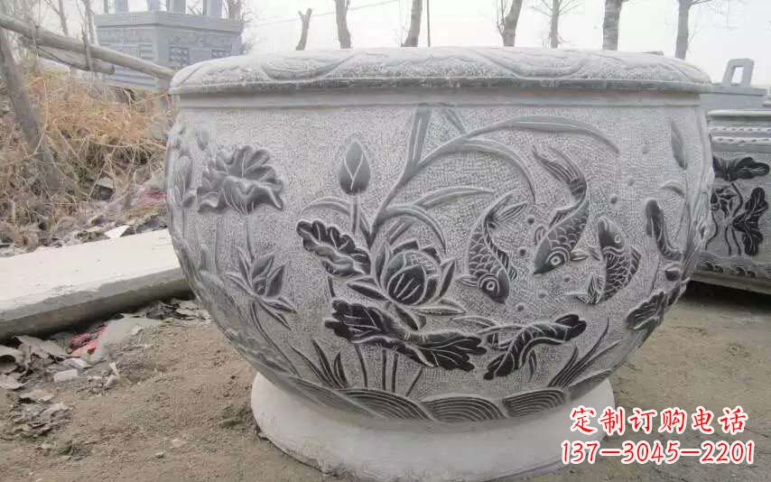 云南仿古雕刻鲤鱼石浮雕水缸
