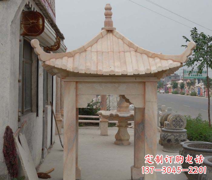 云南公园晚霞红六角石雕凉亭 (4)