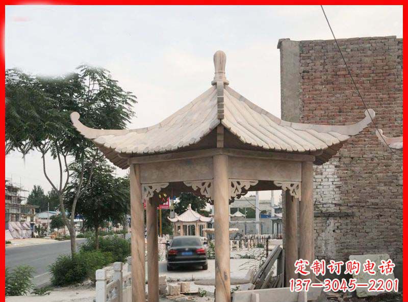 云南公园晚霞红六角石雕凉亭 (5)