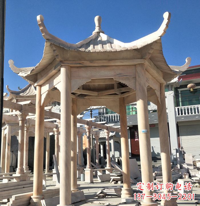 云南公园晚霞红六角石雕凉亭 (7)