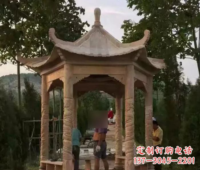 云南公园晚霞红六角石雕凉亭 (9)