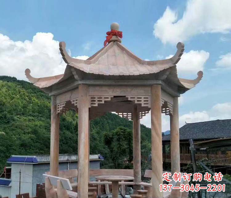 云南公园晚霞红六角石雕凉亭 (10)