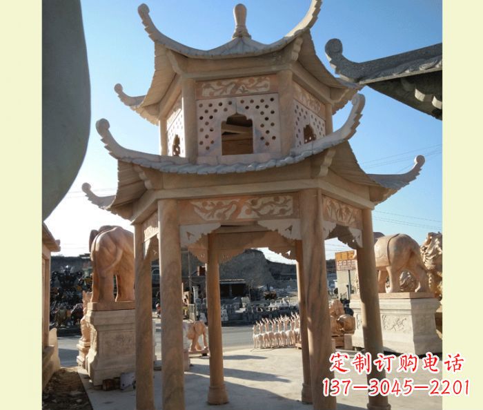 云南公园晚霞红六角双层中式石雕凉亭