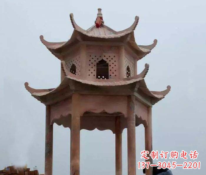 云南公园晚霞红双层六角石雕凉亭