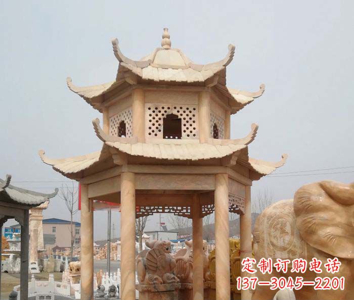 云南公园晚霞红双层六角石雕凉亭 (2)