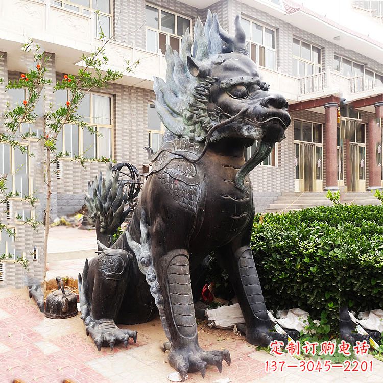 云南古铜色镇宅铜麒麟雕塑,精美绝伦!