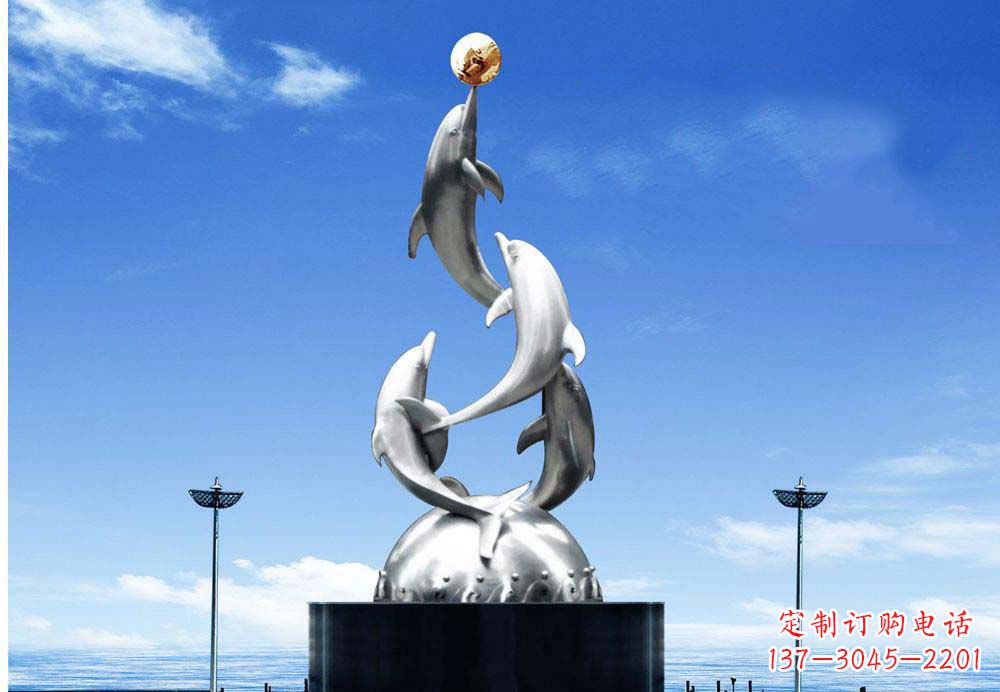 云南广场不锈钢海豚顶球雕塑
