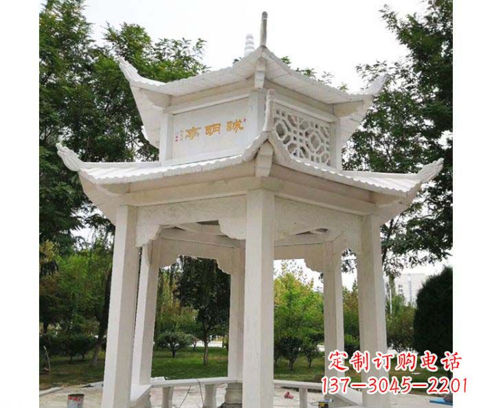 云南高雅典雅的汉白玉双层六角凉亭石雕