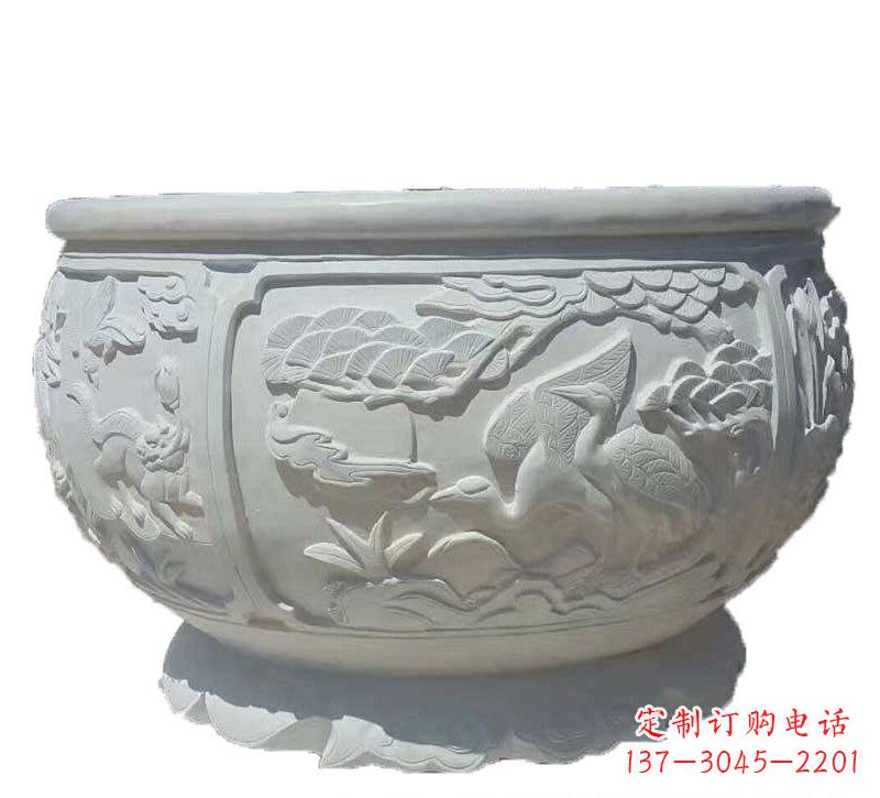 云南汉白玉松鹤延年浮雕水缸,带给您无尽的岁月美景