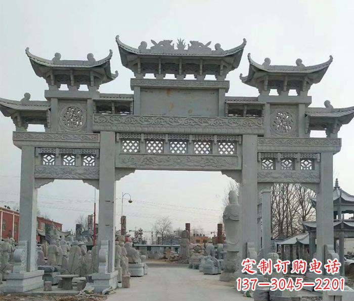 云南三门牌坊石雕,精美汉风石雕装饰景区