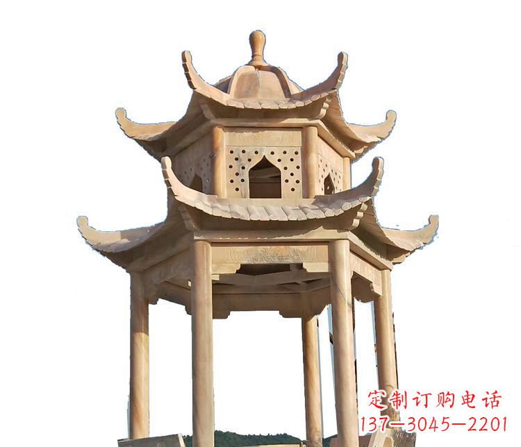 云南双层晚霞红凉亭石雕 (2)