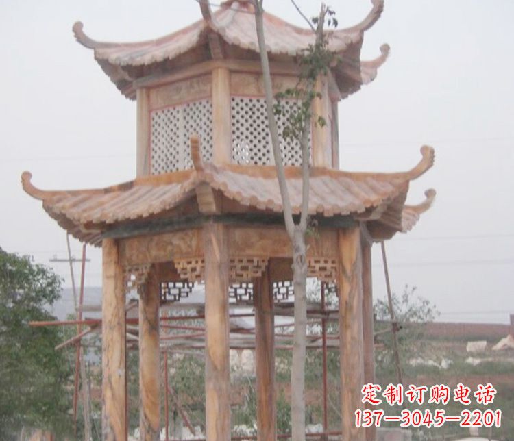 云南双层晚霞红石凉亭石雕 (2)