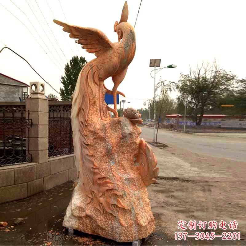 云南晚霞红大理石瑞鸟凤凰雕塑