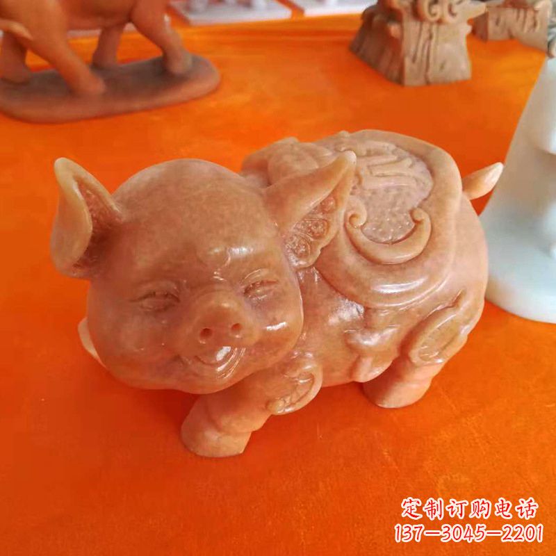 云南晚霞红大理石招财猪雕塑-企业商场创意生肖动物风水摆件