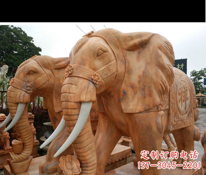 云南晚霞红吉祥如意门口镇宅招财大象石雕 (3)