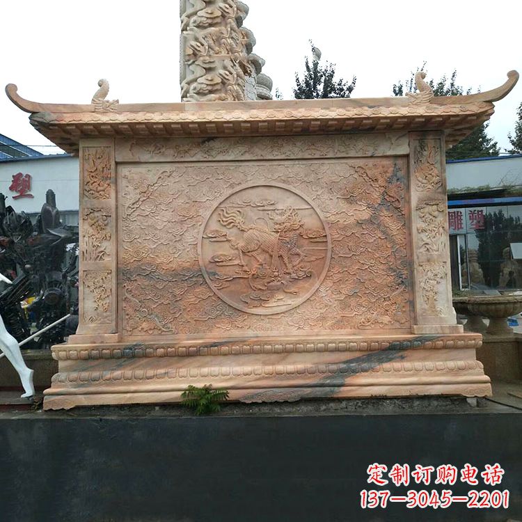 云南晚霞红麒麟影壁墙石雕