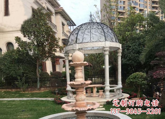 云南晚霞红三层风水球喷泉小区石雕