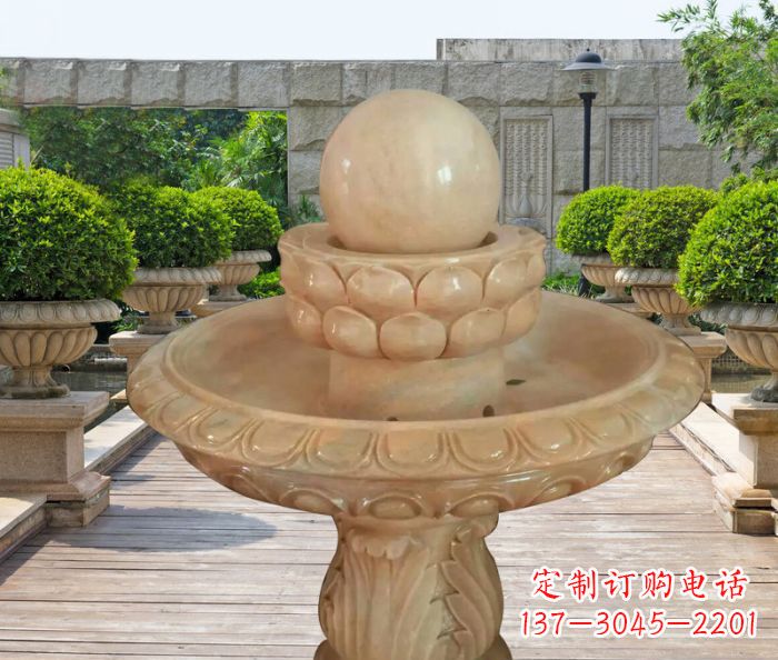 云南晚霞红双层风水球公园喷泉石雕 (2)