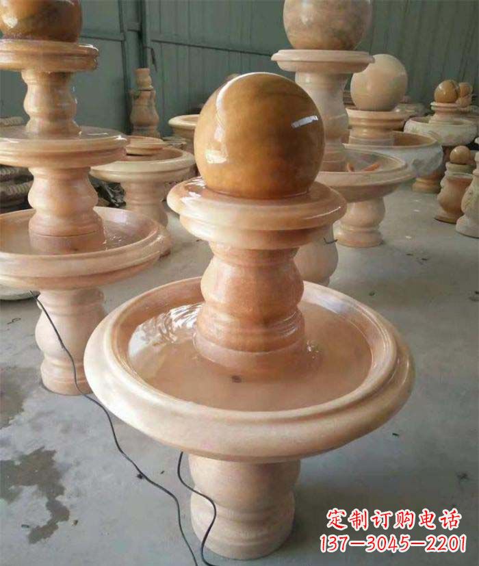云南晚霞红双层风水球别墅喷泉石雕