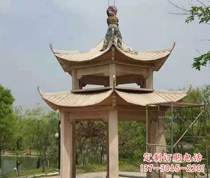 云南晚霞红双层凉亭石雕 (2)