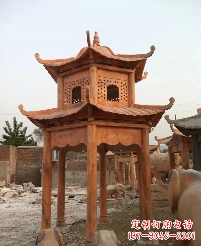 云南晚霞红双层凉亭石雕