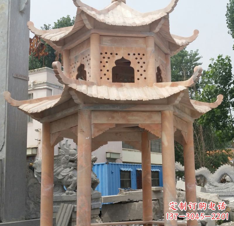 云南晚霞红双层六角凉亭石雕 (2)