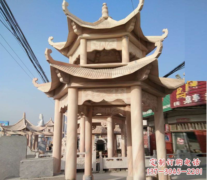 云南晚霞红双层六角凉亭石雕 (3)