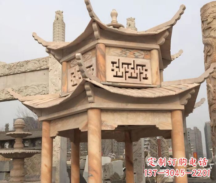 云南晚霞红双层石雕凉亭