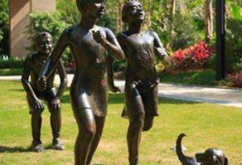 云南宁夏中领雕塑推出的儿童铜雕跑步遛狗，一款…