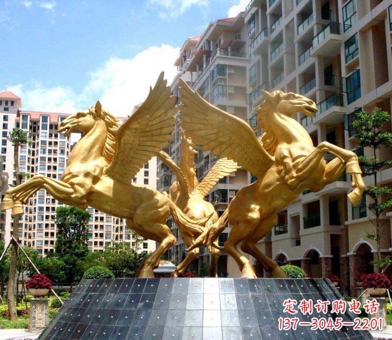 云南小区飞马三匹马景观铜雕