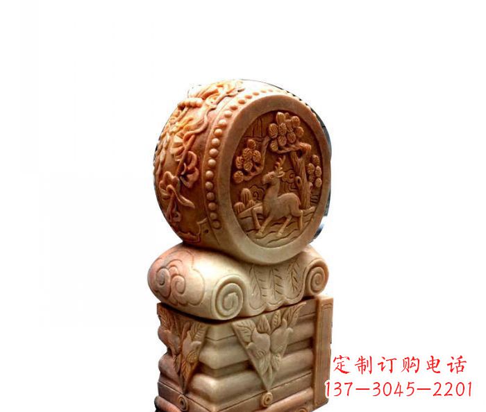 云南招财石门墩晚霞红抱鼓石
